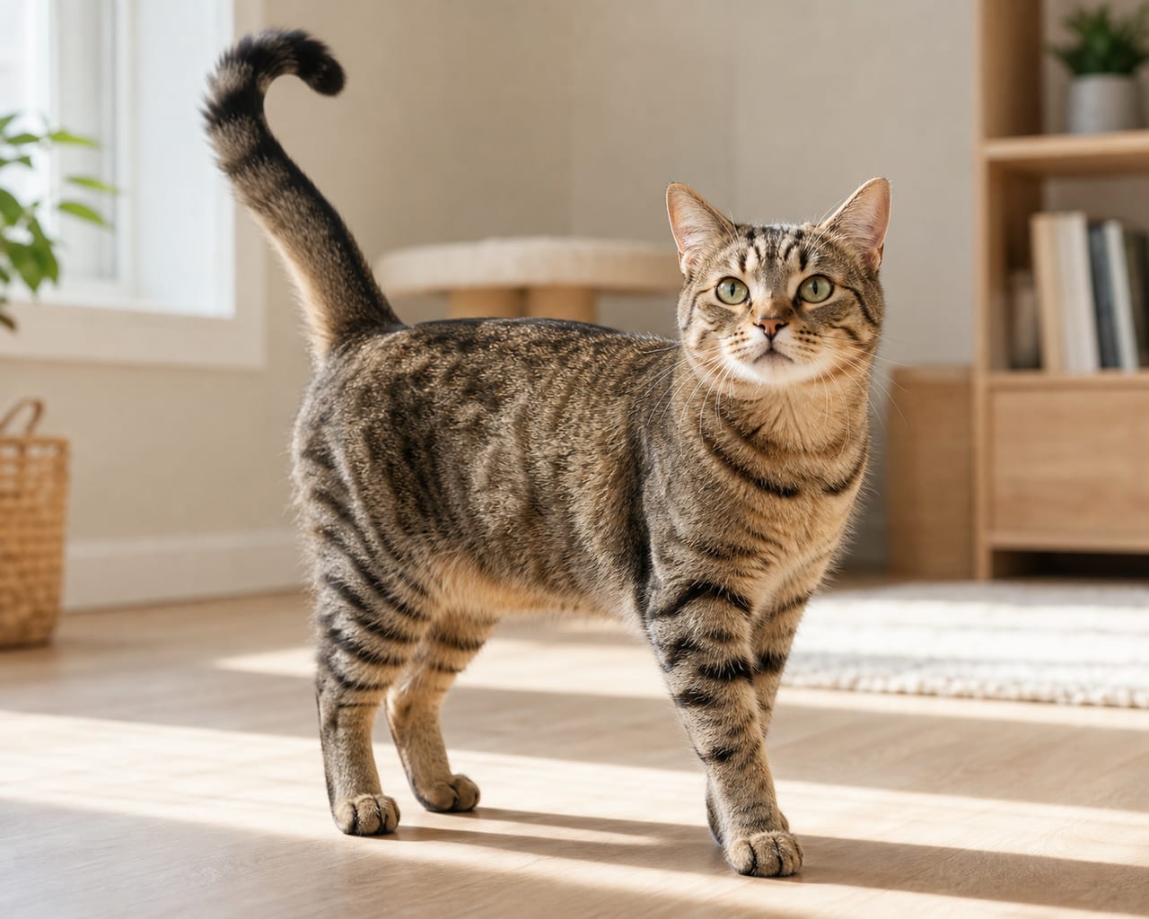 A tabby cat standing with the whole body and tail visible