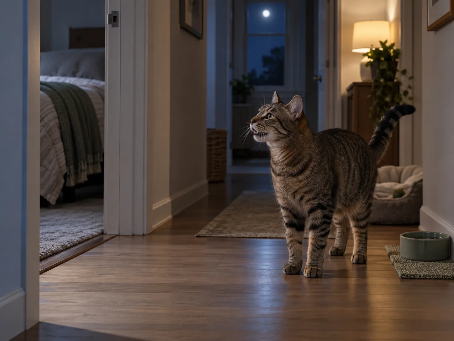 A brown tabby cat meowing calmly in a softly lit hallway at night