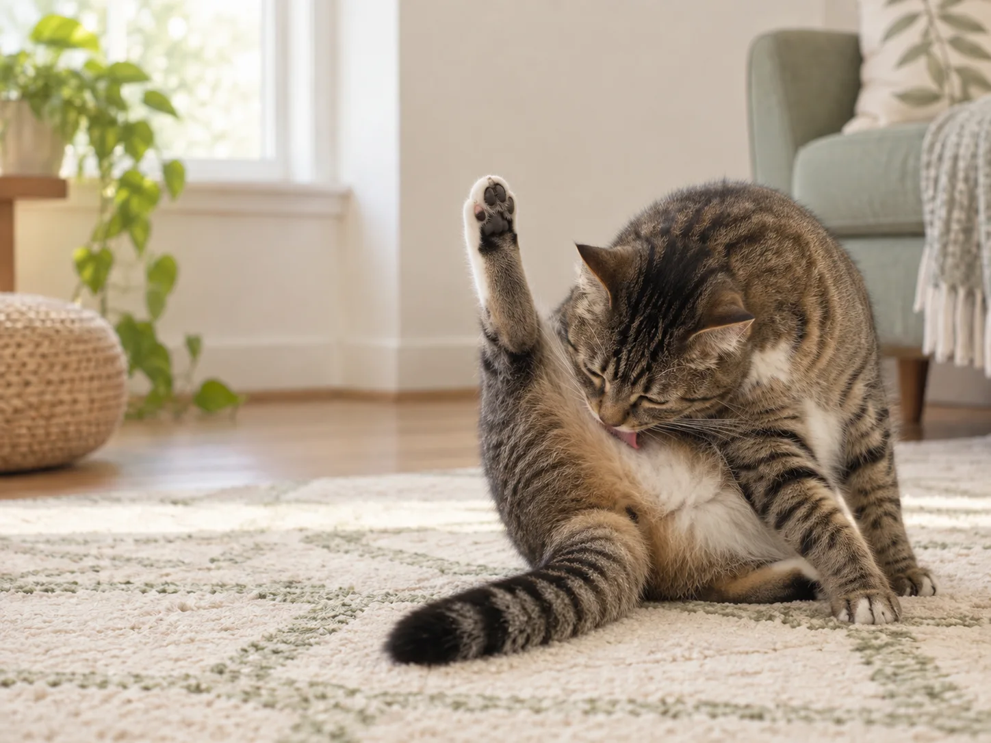A tabby cat licking the fur beneath a raised hind leg while grooming its rear
