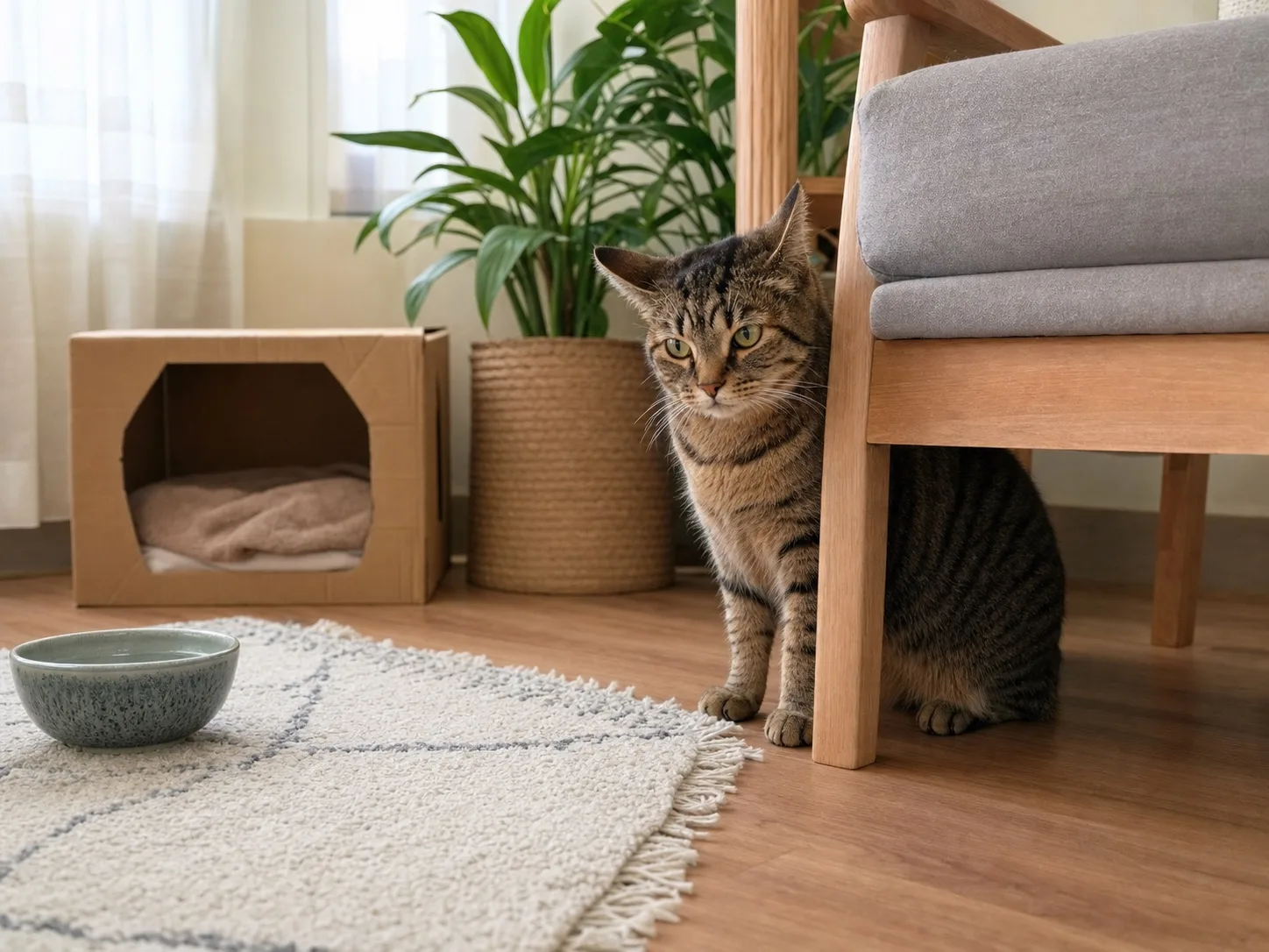 A tabby cat sitting partly behind a chair beside an open hideaway and a bowl