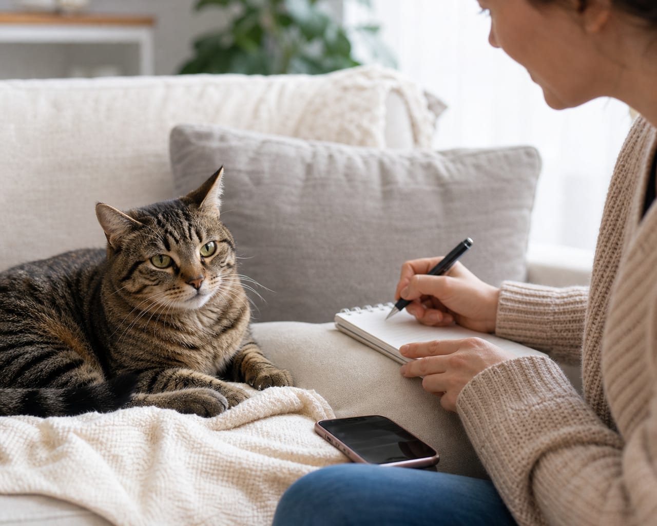 A cat resting while a guardian writes observations before calling care