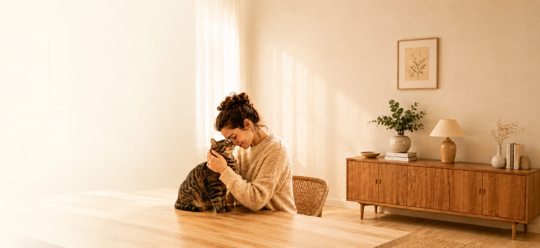 A cat guardian calmly greeting a relaxed tabby cat at home