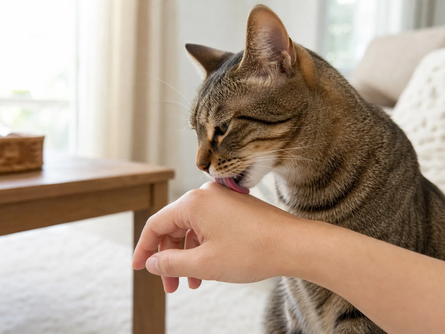 A tabby cat licking the back of a person's relaxed hand