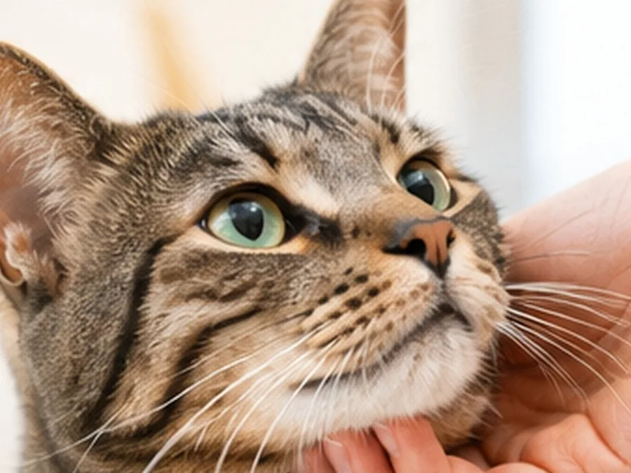 A relaxed cat being gently touched under the chin