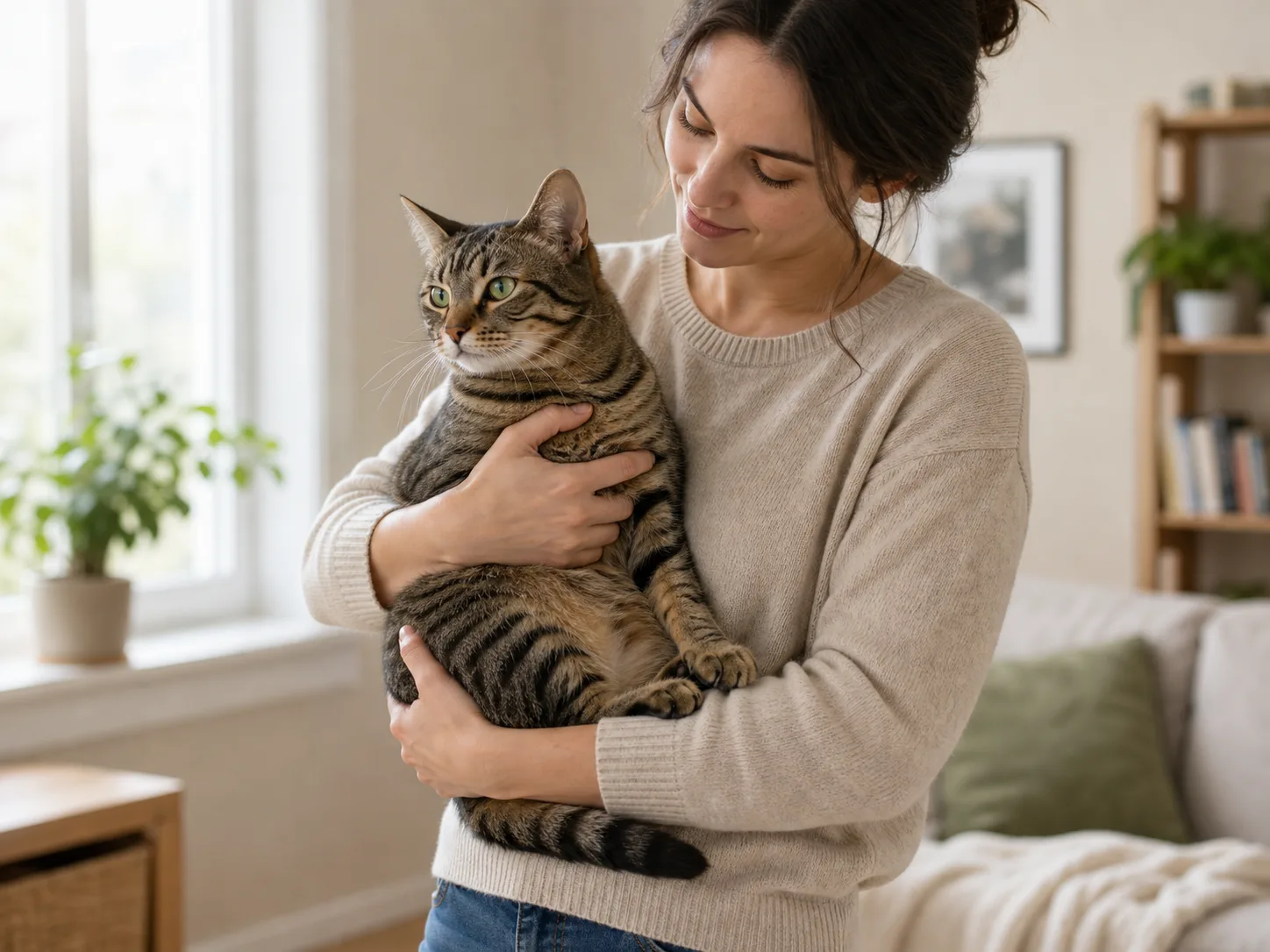 A guardian supporting a cat under the chest and hindquarters