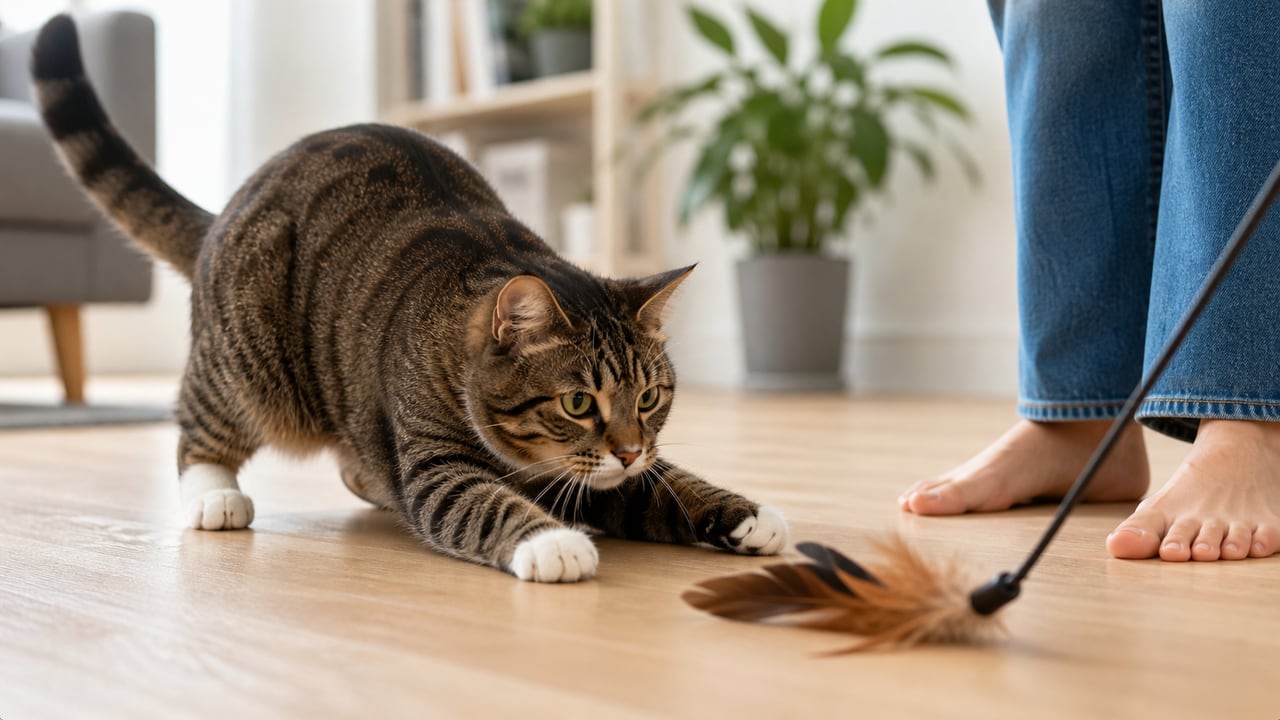 A cat pouncing toward a wand toy near a person’s feet