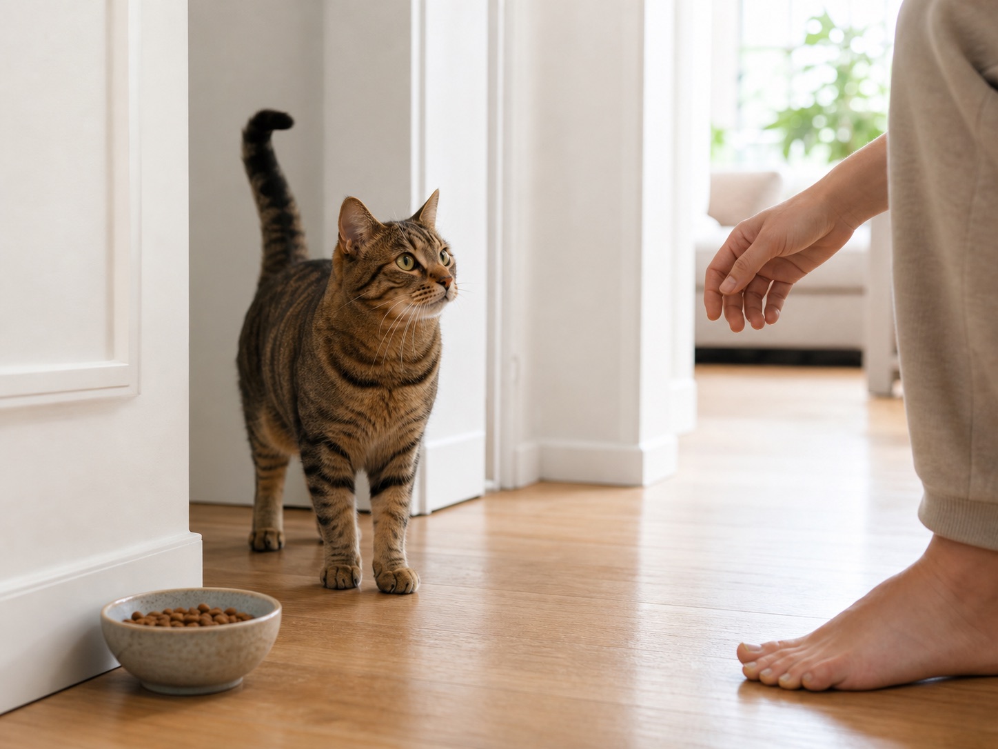 A cat near a doorway and food bowl with space to move away