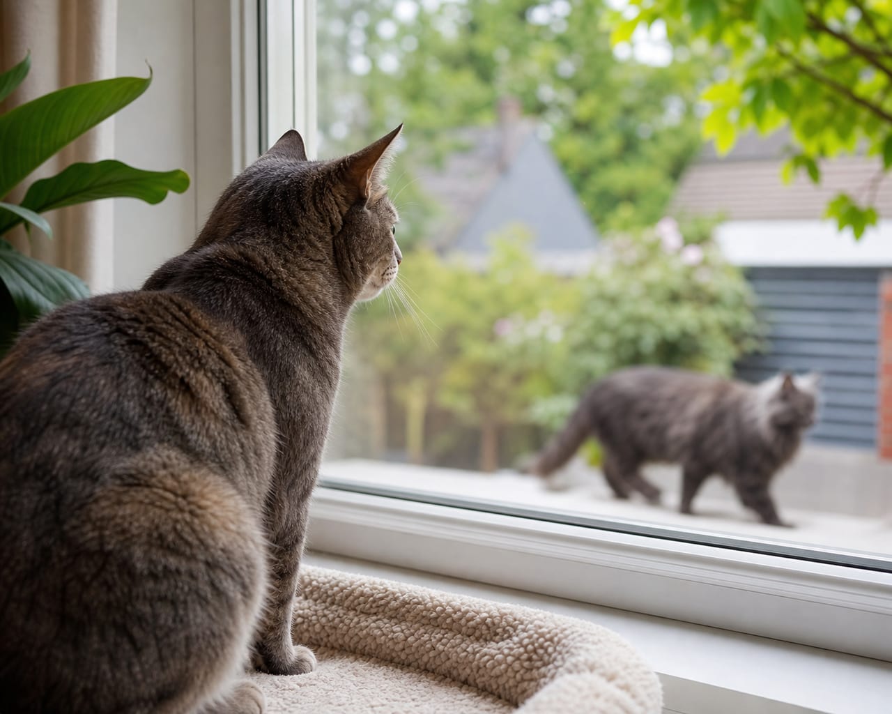 A cat watching an outdoor trigger through a window