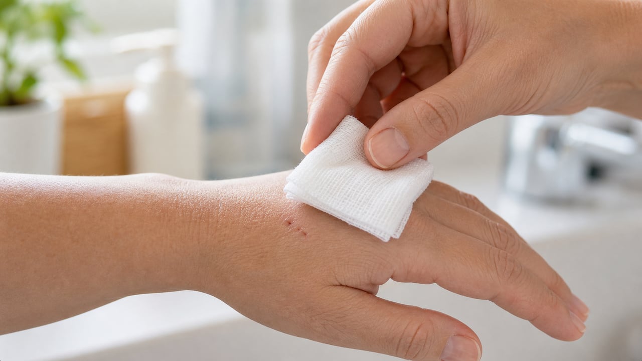 Clean gauze being placed over a washed hand wound