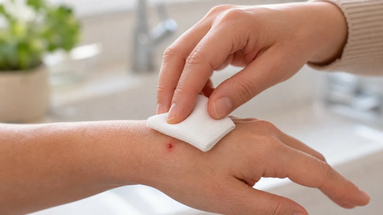 A clean gauze pad being pressed over a small hand puncture wound