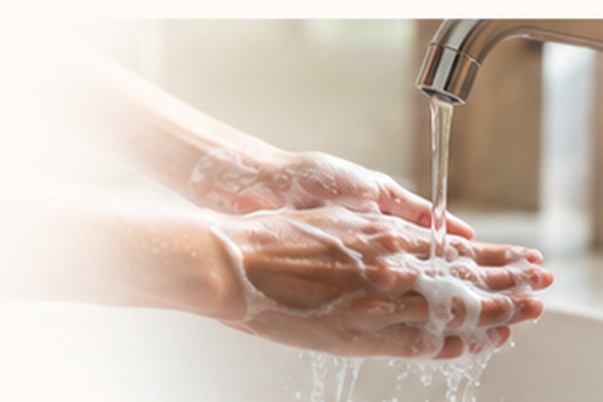 Hands being washed under running water with soap